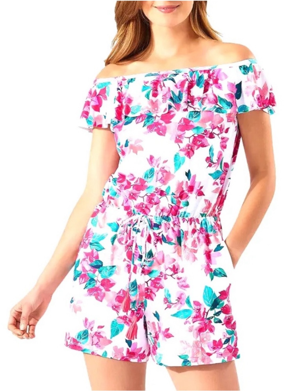 Tommy Bahama Off the Shoulder Bougainvillea Romper Size L Tropical Resortwear